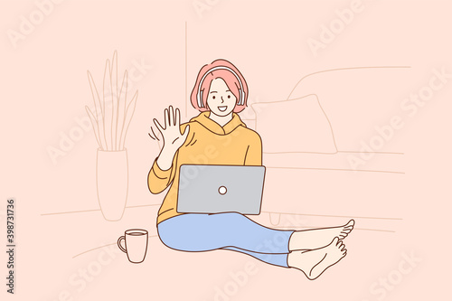 Online communication, video call, virtual meeting concept. Happy teen girl pupil or student with pink hair in headphones waving during video conference on laptop from home vector illustration