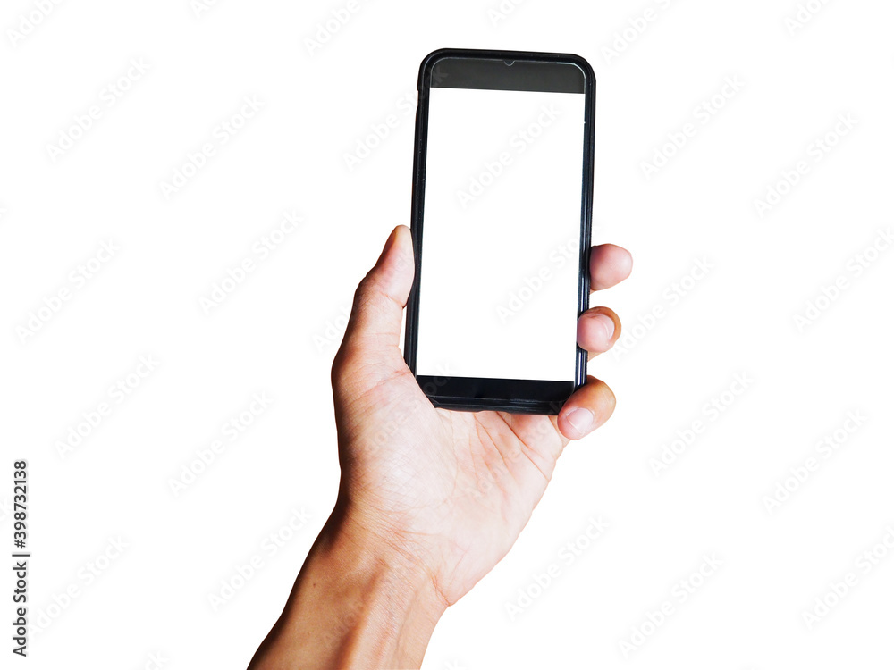Young man hand holding black smartphone with blank screen isolated on white background. Space for text or design Young man hand holding black smartphone with blank screen isolated on white background. Space for text or design