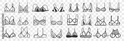 Woman bra doodle set. Collection of hand drawn various elegant or casual woman bra with straps isolated on transparent background. Illustration of sexual underwear for wearing on female body 