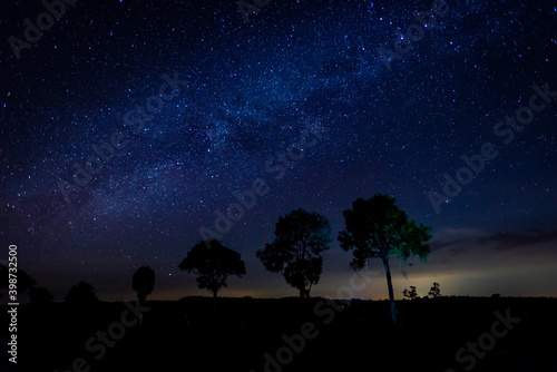 Panorama blue night sky milky way and stars