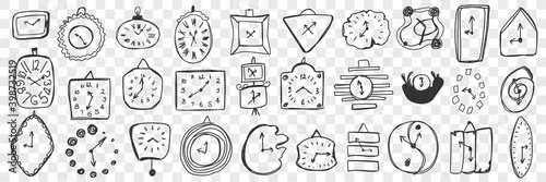 Wall clock doodle set. Collection of hand drawn various clocks of different shapes, sizes hanging on walls isolated on transparent background. Illustration of stylish modern and classical clock face