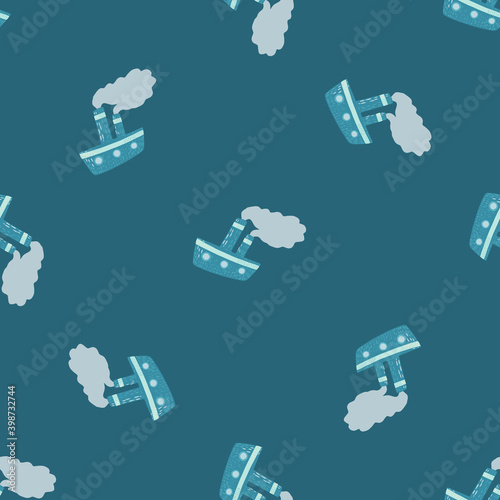 Seamless random pattern with cartoon baby steamer ship doodle ornament. Blue palette print.