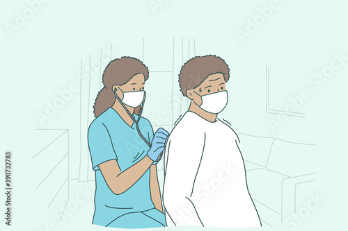 Doctor with home service patient during work concept. Young black woman professional doctor or nurse cartoon character in medical mask checking up mature patient with stethoscope at home illustration