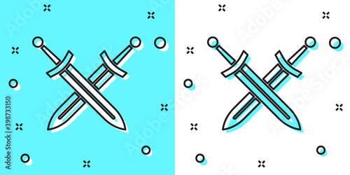 Black line Crossed medieval sword icon isolated on green and white background. Medieval weapon. Random dynamic shapes. Vector.