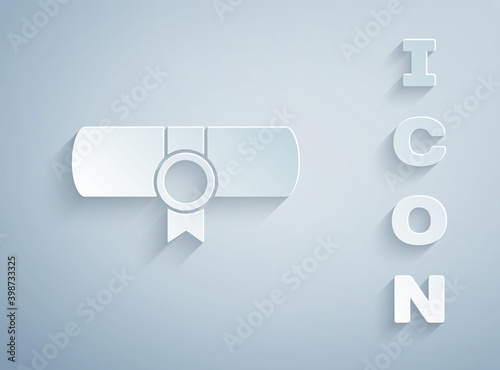 Paper cut Decree, paper, parchment, scroll icon icon isolated on grey background. Paper art style. Vector.
