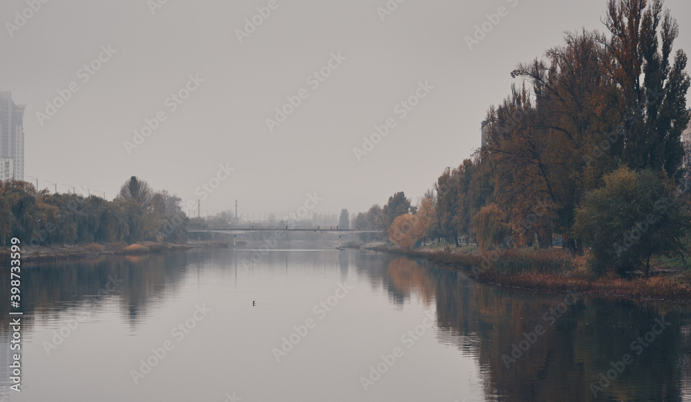 Rusanovskiy channel, Kiev, Ukraine. Fog over the river.