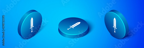 Isometric Medieval sword icon isolated on blue background. Medieval weapon. Blue circle button. Vector.