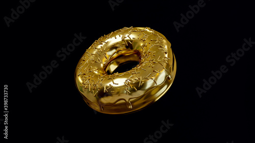 Golden donat floating on black background. 3d render