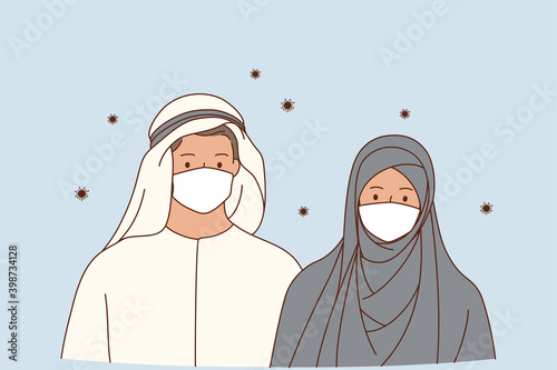 Individual Protection against Coronavirus infection concept. Muslim husband and wife cartoon characters wearing protective medical masks for virus prevention standing outdoors vector illustration 