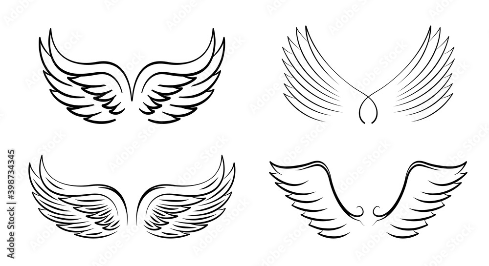 A set of Black Angel Wings. Vector Illustration and outline Icons. Symbol of freedom. Drawing in Illustrator. EPS file. A set of Black Angel Wings. Vector Illustration and outline Icons. Symbol of freedom. Drawing in Illustrator. EPS file.