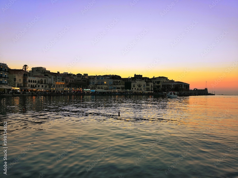 Sunset in Chania town, Crete island, Greece.