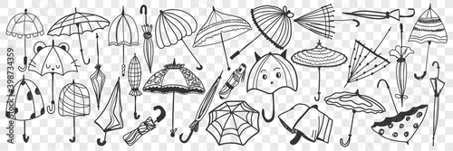 Umbrella doodle set. Collection of hand drawn various open and closed umbrellas for protecting from rainy weather isolated on transparent background. Illustration of stylish casual accessory 