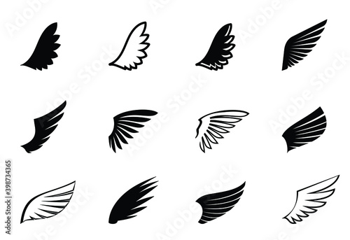 A set of Black Wings. Vector Illustration and outline Icons. Symbol of freedom.