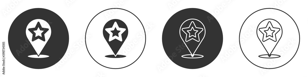Black Map pointer with star icon isolated on white background. Star favorite pin map icon. Map markers. Circle button. Vector. Black Map pointer with star icon isolated on white background. Star favorite pin map icon. Map markers. Circle button. Vector.