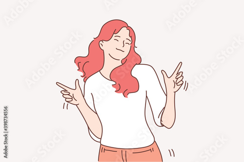 Happy lifestyle, success, dancing concept. Smiling cheerful carefree woman dancing, celebrating victory and success, feeling full of energy and power vector illustration 
