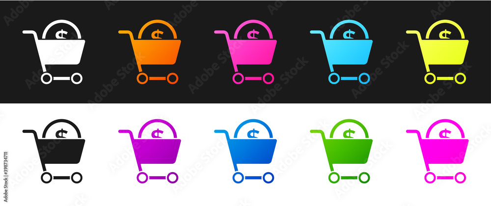 Set Shopping cart and dollar symbol icon isolated on black and white background. Online buying concept. Delivery service. Supermarket basket. Vector. Set Shopping cart and dollar symbol icon isolated on black and white background. Online buying concept. Delivery service. Supermarket basket. Vector.