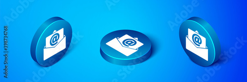 Isometric Mail and e-mail icon isolated on blue background. Envelope symbol e-mail. Email message sign. Blue circle button. Vector.