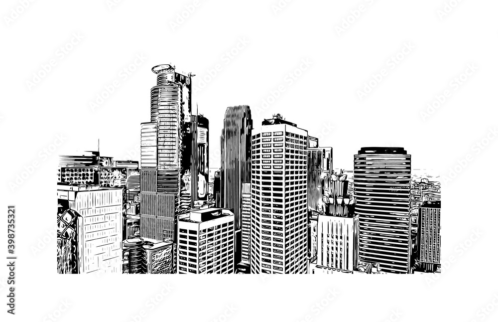 Building view with landmark of Minneapolis is the
city of Minnesota. Hand drawn sketch illustration in vector.