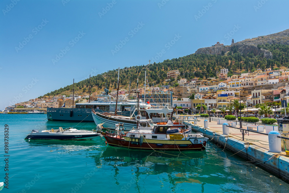 Kalymnos harbour view from sea. Kalymnos Island is populer tourist destination in Greece. 