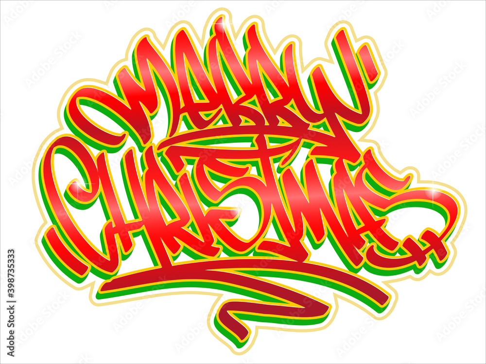 Merry Christmas lettering greeting card in graffiti style in red and green colors. Vector banner isolated. Merry Christmas lettering greeting card in graffiti style in red and green colors. Vector banner isolated.