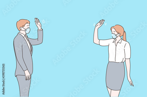 Office life and greeting partners during coronavirus pandemic concept. Businessman greeting and saying hello with business colleague, wearing medical mask, standing in distance illustration 
