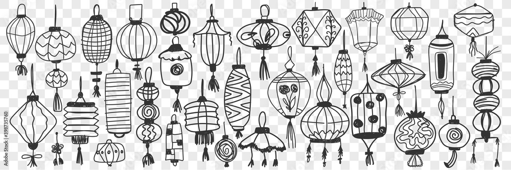 Chinese lanterns doodle set. Collection of hand drawn traditional asian lanterns for decoration and celebration holidays isolated on transparent background. Illustration of decorative asian symbols 