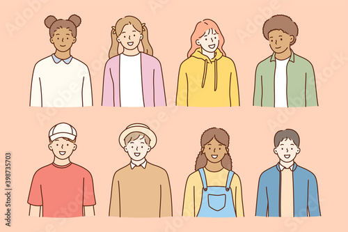 Multiethnic friendship, students international day concept. Group of smiling cheerful pupils or students of different race feeling happy isolated on pink background vector illustration 