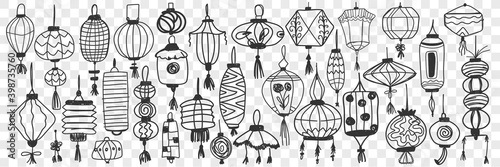 Chinese lanterns doodle set. Collection of hand drawn traditional asian lanterns for decoration and celebration holidays isolated on transparent background. Illustration of decorative asian symbols 