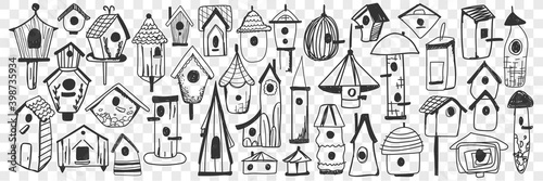 Birdhouse doodle set. Collection of hand drawn wooden birdhouse shelters for feeding and living during cold seasons isolated on transparent background. Illustration of handmade houses for birds 
