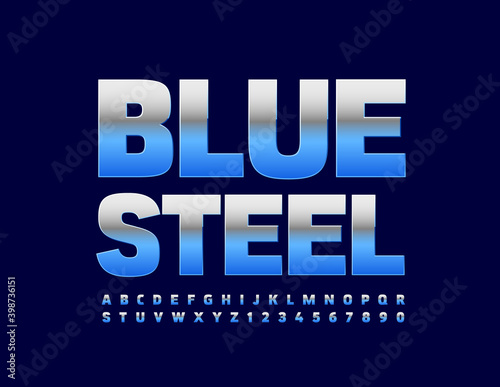 Vector Blue Steel Alphabet set. Metallic modern Font. Industrial chrome Letters and Numbers