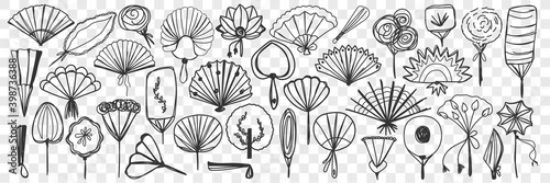 Fan accessories doodle set. Collection of hand drawn various fans of different shapes and styles open and closed isolated on transparent background. Illustration of asian cultural decoration