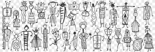 Rock painting human figures doodle set. Collection of hand drawn figures of people and creatures drawn on rock in ethnic oriental manner isolated on transparent background. Illustration of ancient art