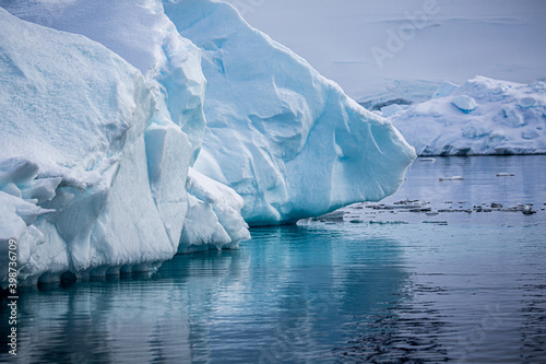 Pinnacle shaped icebergs floating in Andvord Bay near Neko Harbour, Antarctic Peninsula, Antarctica