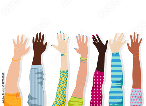 Raised hands. Many hands of different people. Man's and woman's hands. Isolated on a white background. Vector illustration.