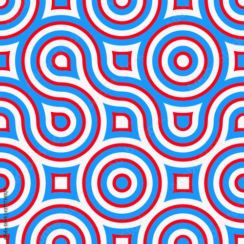 Seamless geometric pattern of circles and flowing lines in white, red and blue colors.