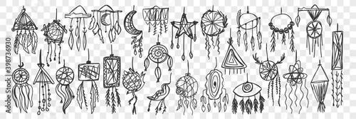 Dream catcher doodle set. Collection of hand drawn traditional indian tribal ethnic decoration for home interior and relaxation isolated on transparent background. Illustration of feather native art