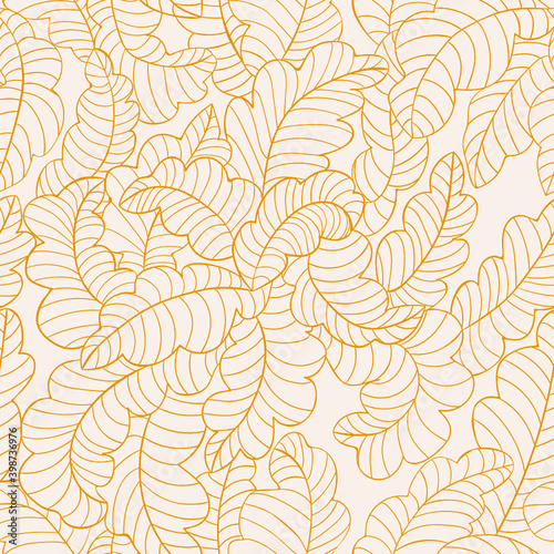 Seamless leaves pattern. Vintage golden tropical leaves background. Vector illustration.