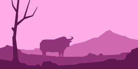 Crédence de cuisine Pourpre Low poly silhouette landscape with yak. Mountain on background. Vector illustration  © Voidentir