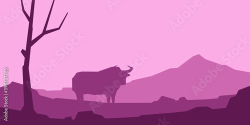 Low poly silhouette landscape with yak. Mountain on background. Vector illustration