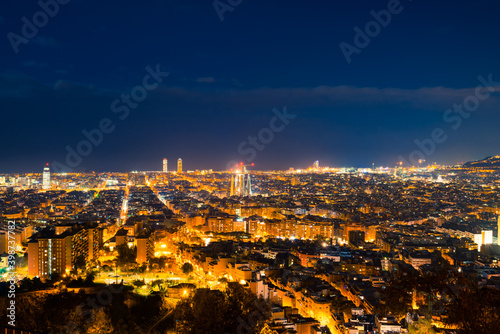Aerial view of Barcelona city centre at night. Spain