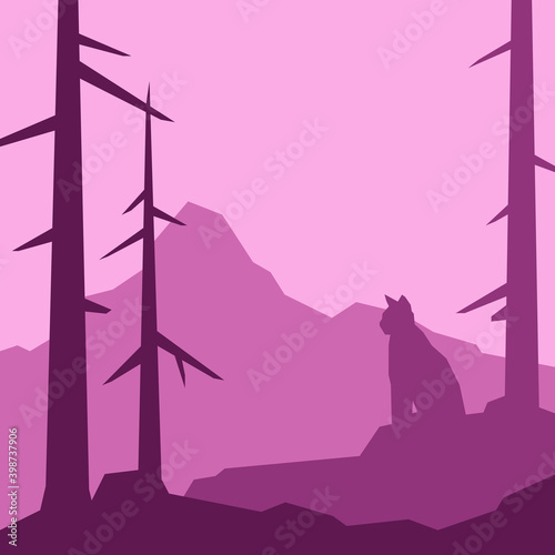 Low poly silhouette landscape with lynx. Mountain on background. Vector illustration