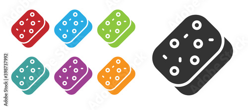 Black Sponge with bubbles icon isolated on white background. Wisp of bast for washing dishes. Cleaning service logo. Set icons colorful. Vector.