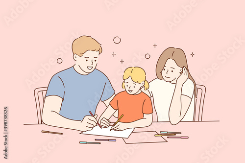 Happy Mother, father and small daughter enjoying painting with pencils at home together. Young family drawing picture on paper. People spending time together with favourite hobby concept 