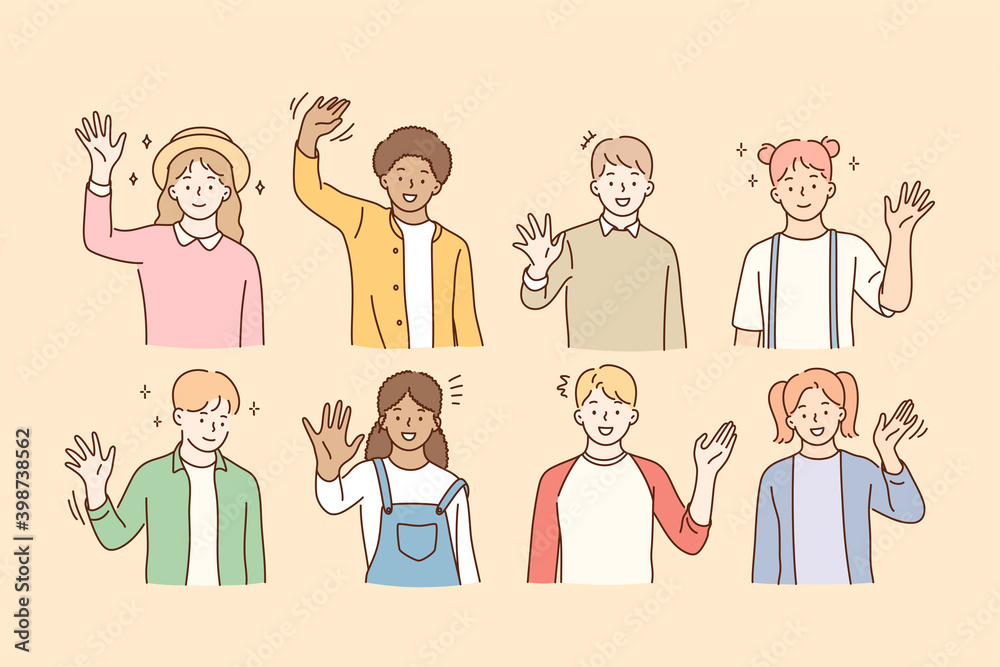 Hello, greeting, mixed race friendship concept. Group of smiling happy children of various races waving their hands to camera and feeling excited vector illustration Hello, greeting, mixed race friendship concept. Group of smiling happy children of various races waving their hands to camera and feeling excited vector illustration