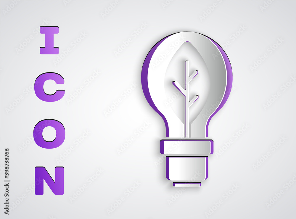 Paper cut Light bulb with leaf icon isolated on grey background. Eco energy concept. Alternative energy concept. Paper art style. Vector.