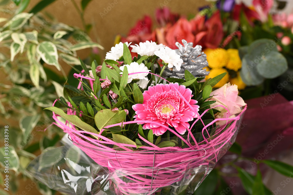 Pink gerberas in a bouquet close up.