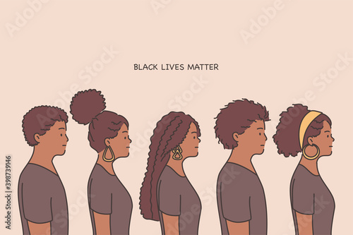 Black Lives Matter lettering, human rights of black people concept. Profiles of african american men and woman standing one by one in row and looking for tolerance illustration
