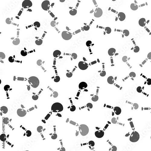 Black Genetically modified apple icon isolated seamless pattern on white background. GMO fruit. Syringe being injected to apple.  Vector.