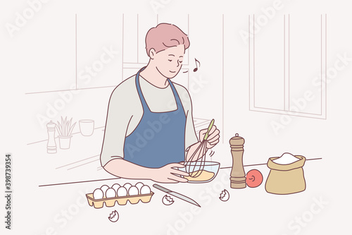 Baking, cooking, making homemade pastry or cake concept. Happy young guy in apron mixing ingredients for cooking dessert, pie or pastry in kitchen at home and singing alone illustration 
