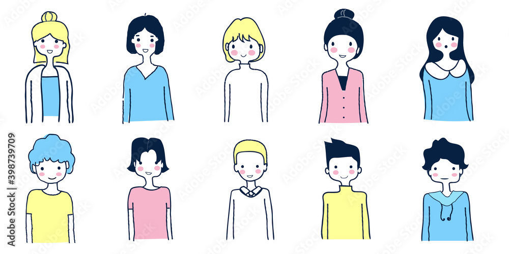 Hand drawn doodle flat vector illustration design set. Smiling cartoon characters collection. Male and female portraits bundle isolated on white. Diverse people avatars. Relaxing color concept Hand drawn doodle flat vector illustration design set. Smiling cartoon characters collection. Male and female portraits bundle isolated on white. Diverse people avatars. Relaxing color concept